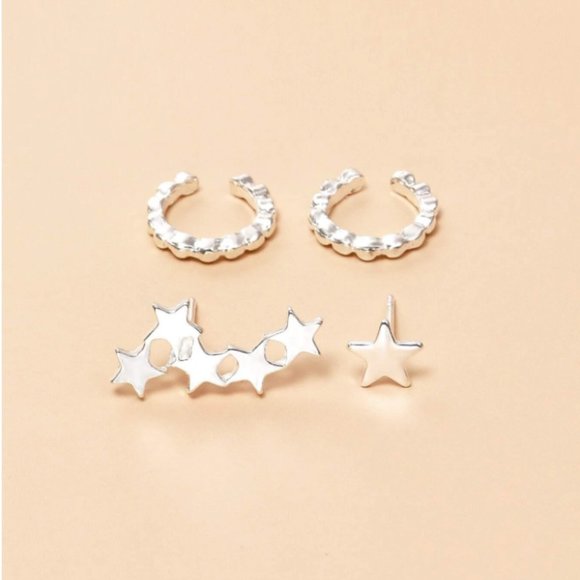 5 for $25 Silver Color 4 Piece Star Studs and Cuff - Picture 2 of 5